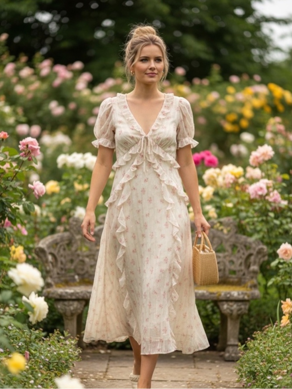 Storia Midi Dress Ivory/Cream Floral Ruffle